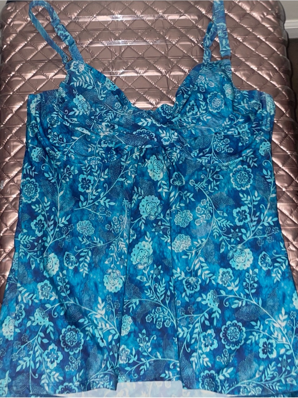 Blue Floral Lace-Trim Cami Top